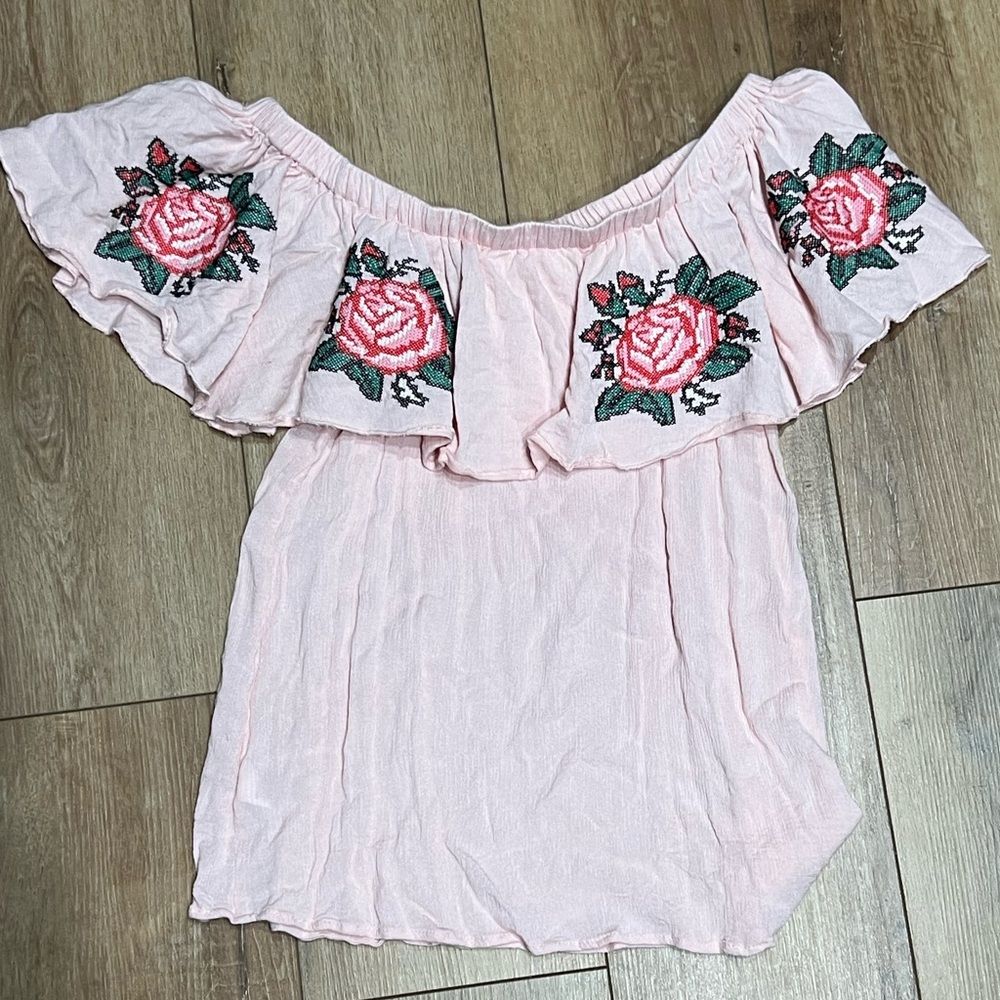 Umgee Pink Off-Shoulder Floral Blouse Small - Picture 2 of 4